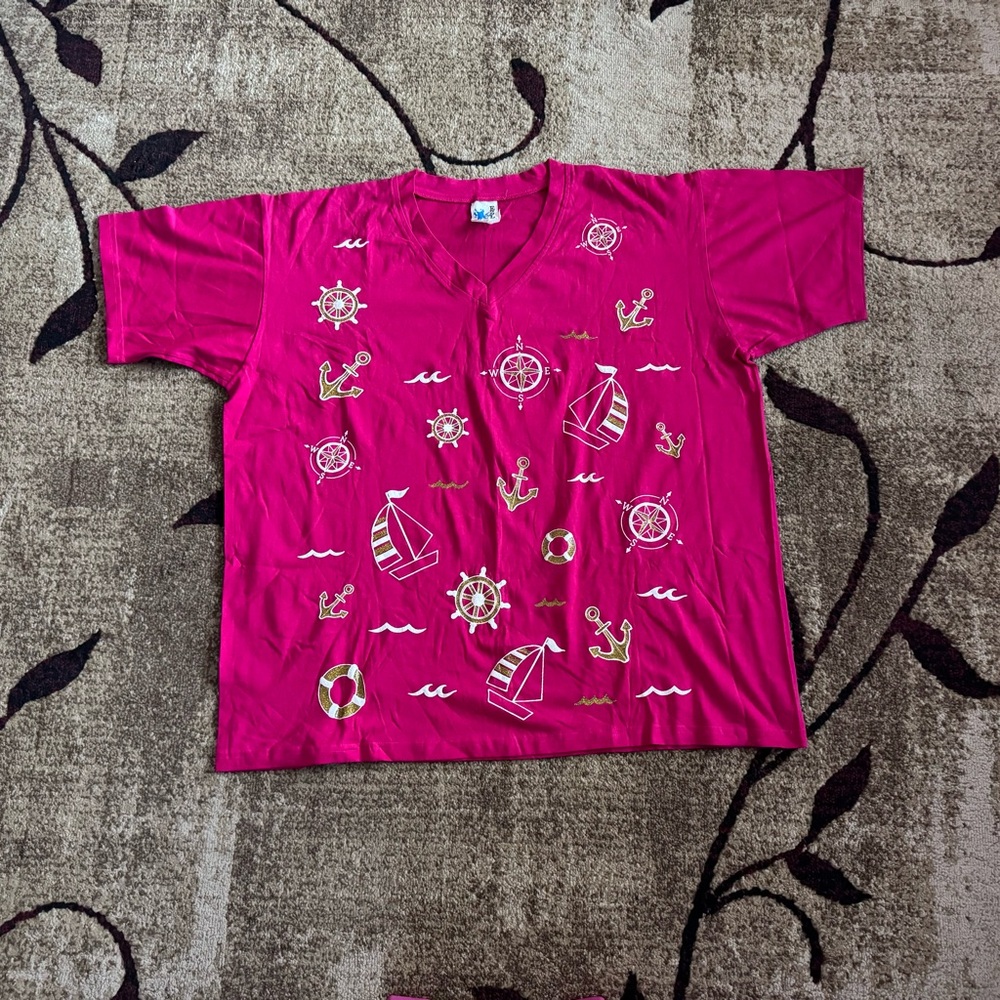 Vintage Pink Nautical Shirt And Pants Women Set EZL